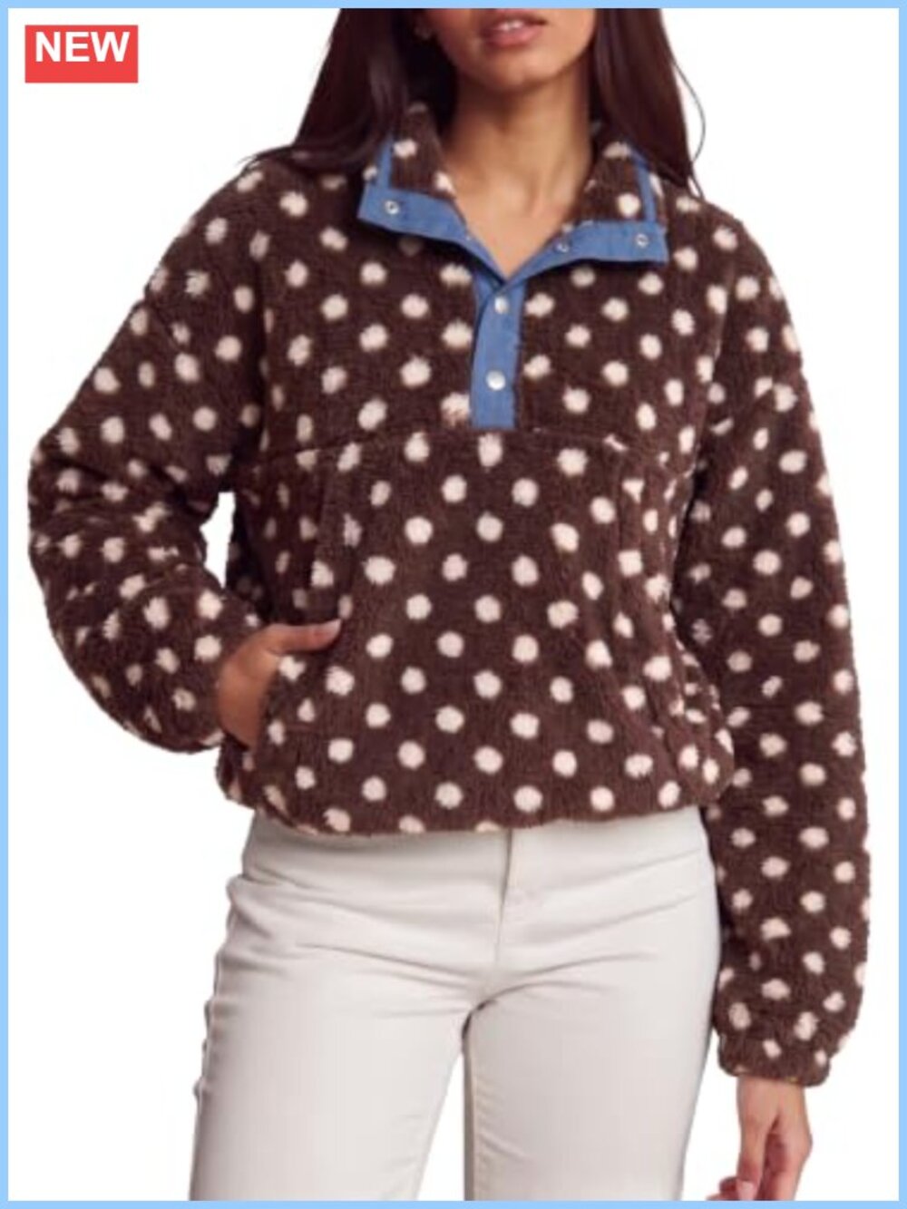 Fuzzy Fleece Sherpa Pullover Sweatshirt Henley Neck Floral Print